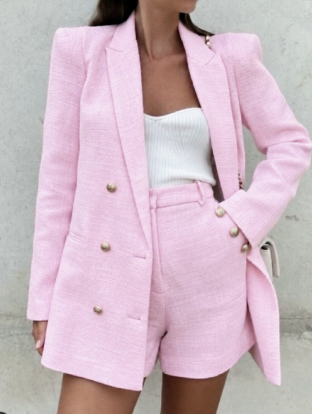 ZARA TEXTURED WEAVE TWEED BLAZER PINK Size L